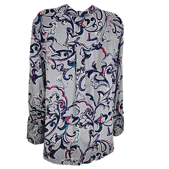 Chico’s Womens Sandwash Satin Paisley Painted Button Shirt Size 2 US 12/14 Gray - Picture 2 of 10